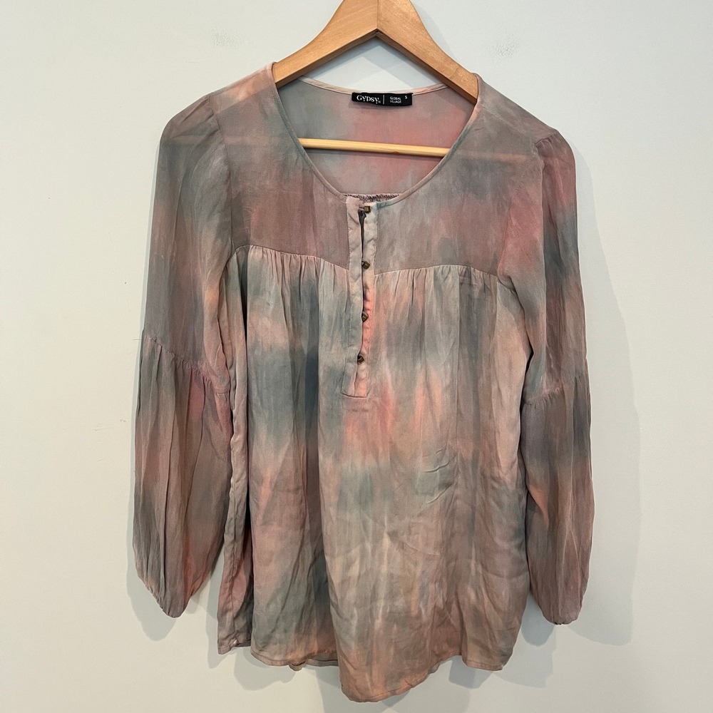 Gypsy 05 Global Village Silk Tie Dye Peasant Blouse Pink Grey Small Boho Flowy